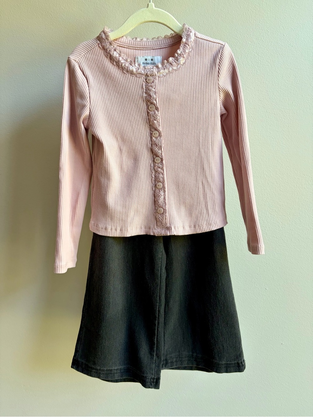Three Dots Pink Ribbed Long Sleeve Top with Lace Trim